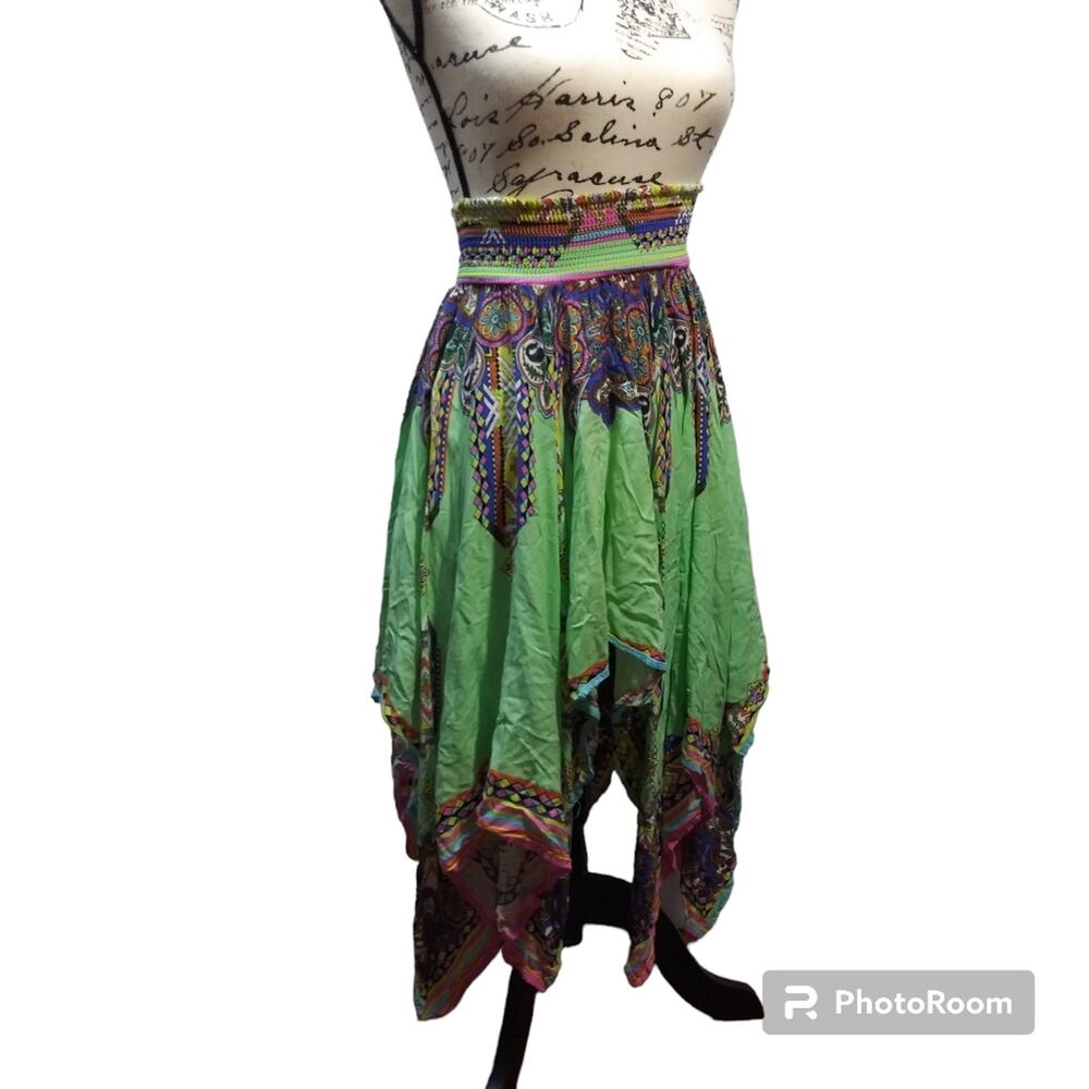 PeachPuff Boho Festival Green Paisley Asymmetrical Skirt Size M